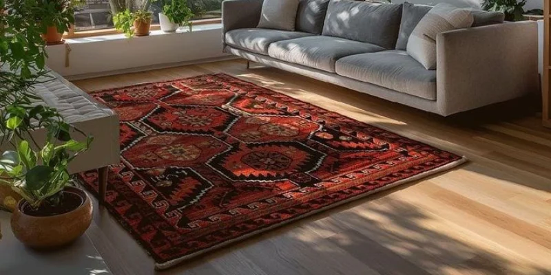 Wicker chair on blue rug